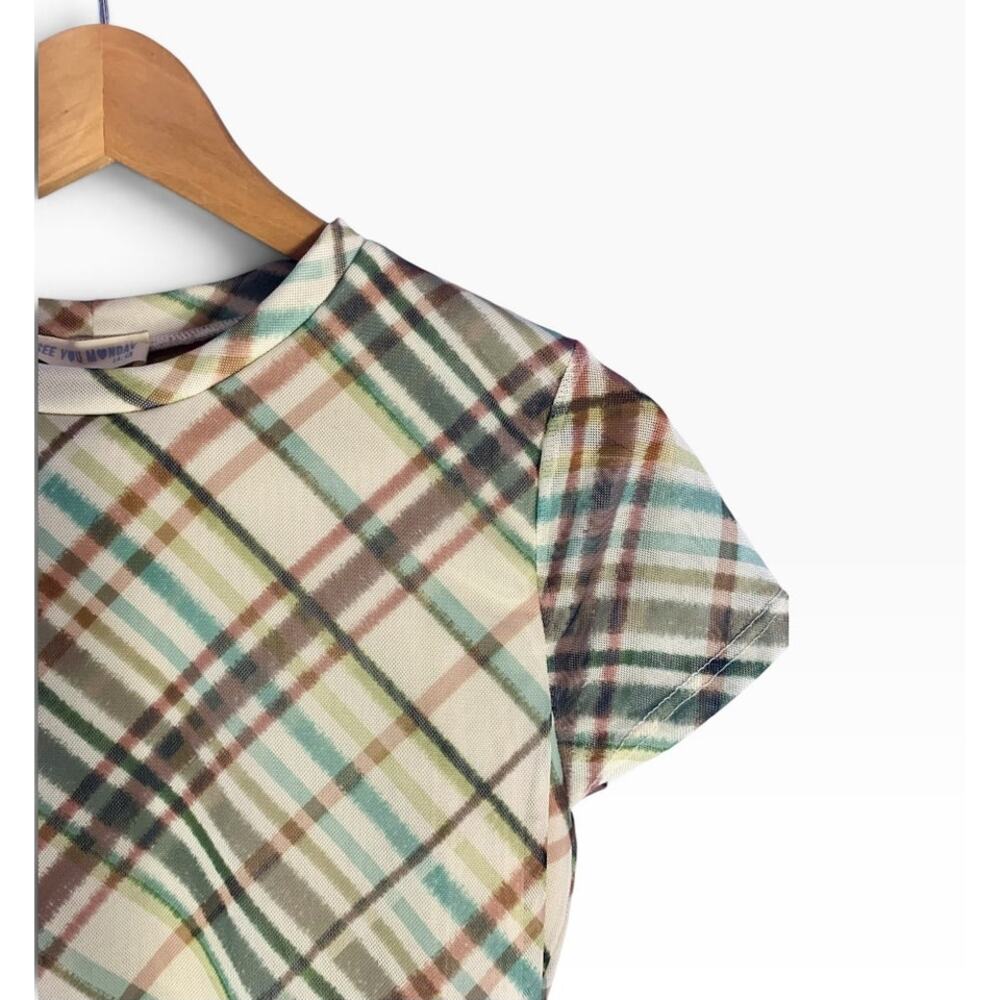 NWT See You Monday Diagonal Plaid Mesh Baby Tee Cami Top, Size Large Y2K Edgy - Picture 5 of 11